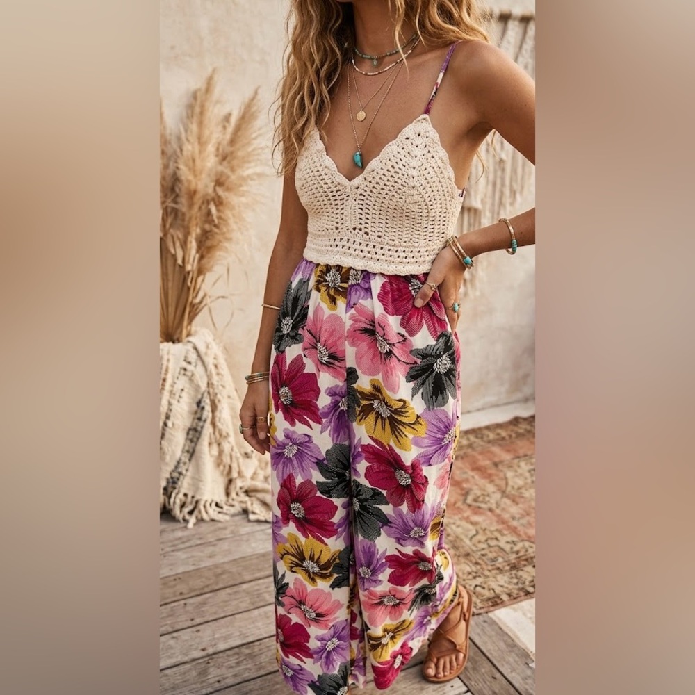 Summer Boho Floral Wide-Leg Jumpsuit-Size XS-Self 100% cotton